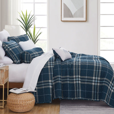 Side View of Vilano Plaid 6-Piece Quilt Bedding Set in Blue#color_plaid-blue