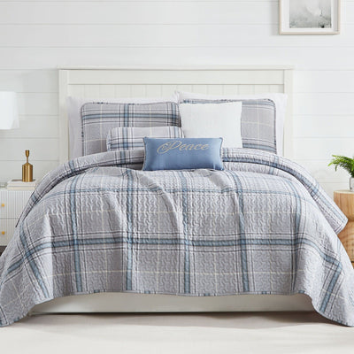 Front View of Vilano Plaid 6-Piece Quilt Bedding Set in Blue#color_plaid-grey