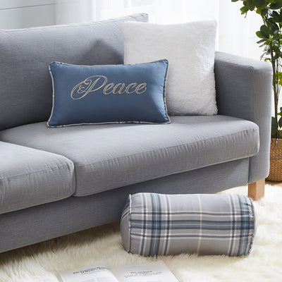 Close Up View of Vilano Plaid Pillow Shams in Grey on Sofa and Floor#color_plaid-grey