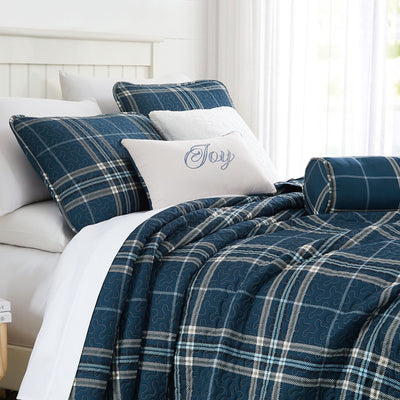 Side View of Vilano Plaid 6-Piece Quilt Bedding Set in Blue#color_plaid-blue