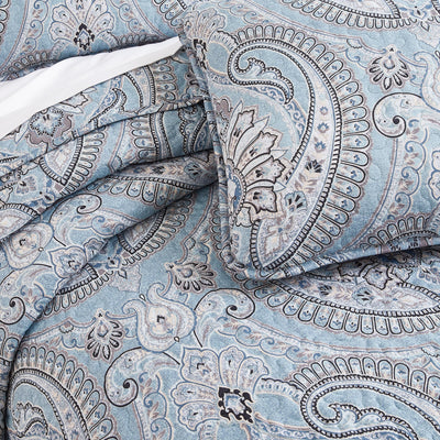 Details and Print Pattern of Sing to Me Quilt Set in Aqua#color_sing-to-me-aqua