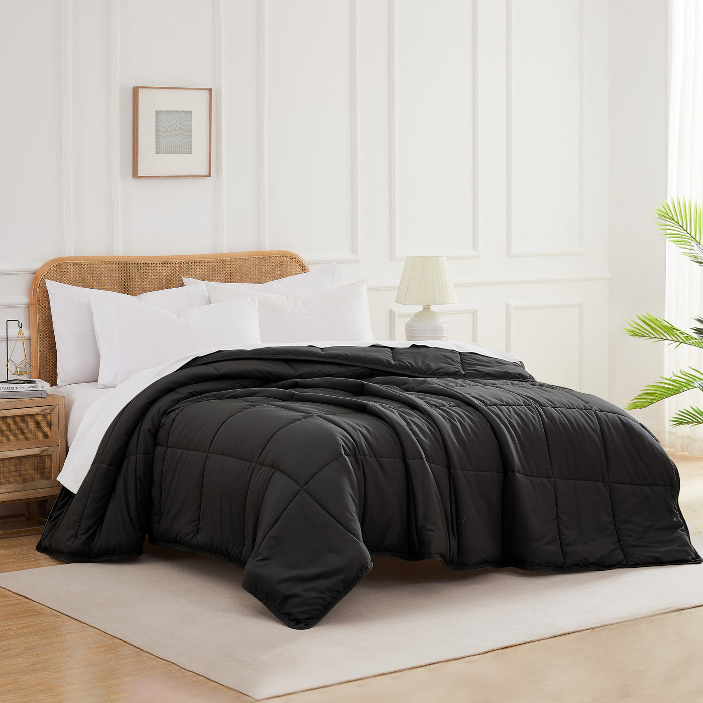 Angled View of Down Alternative Comforter in Black#color_black