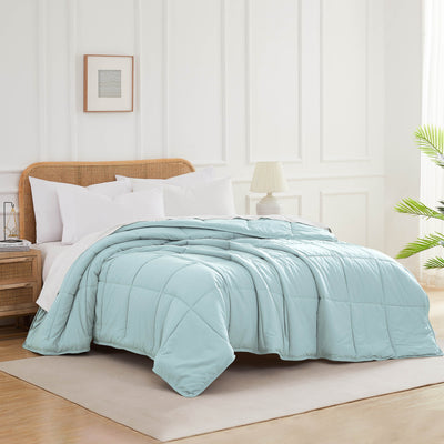 Angled View of Down Alternative Comforter in sky-blue#color_sky-blue