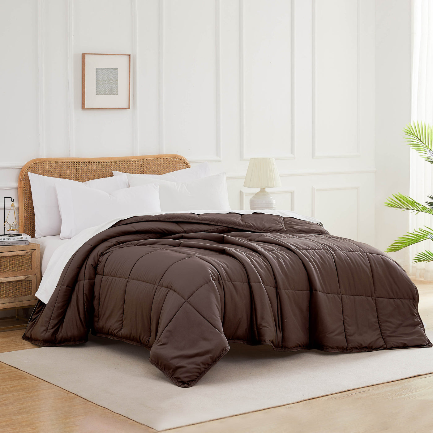 Angled View of Down Alternative Comforter in brown#color_chocolate-brown