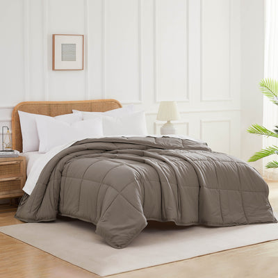 Angled View of Down Alternative Comforter in dark-taupe#color_dark-taupe