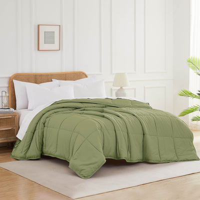 Angled View of Down Alternative Comforter in sage-green#color_sage-green