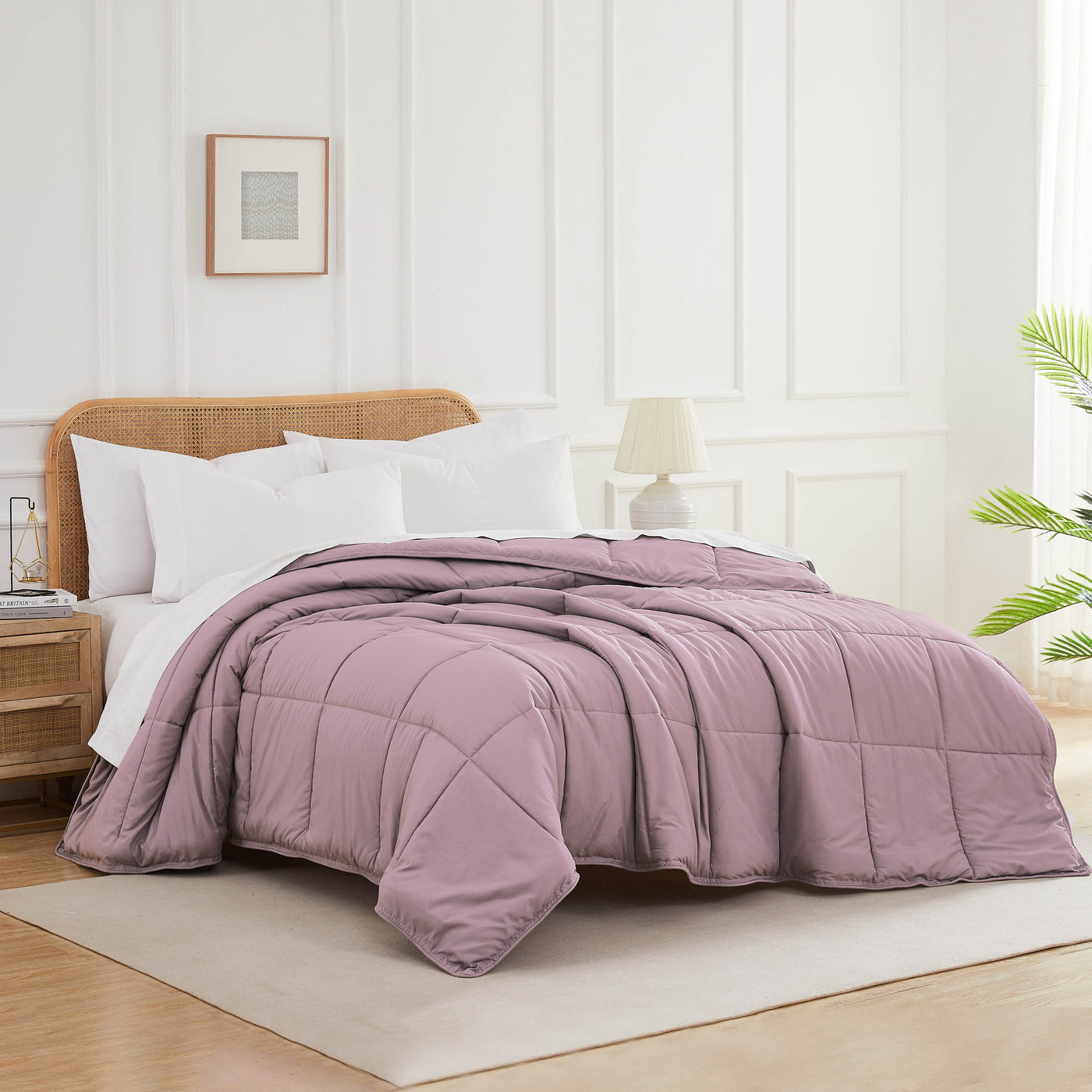 Angled View of Down Alternative Comforter in lavender#color_lavender