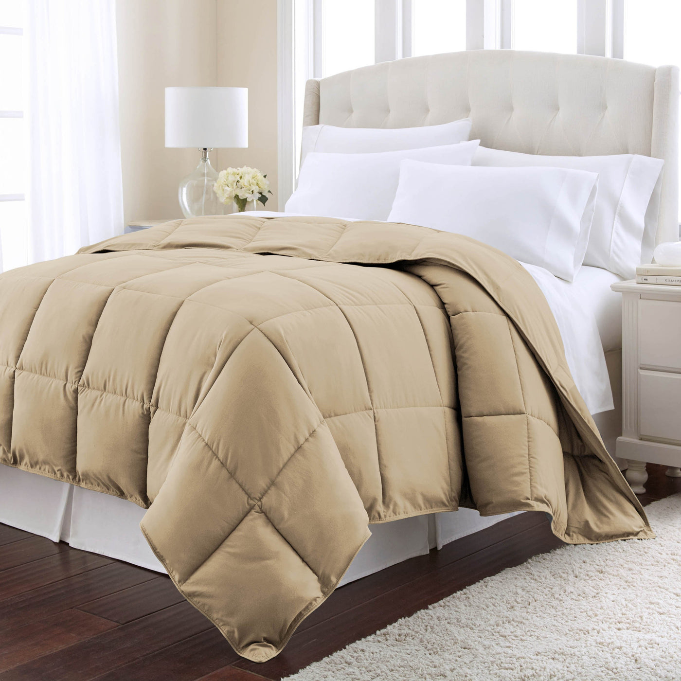 Angled View of Down Alternative Comforter in taupe#color_taupe