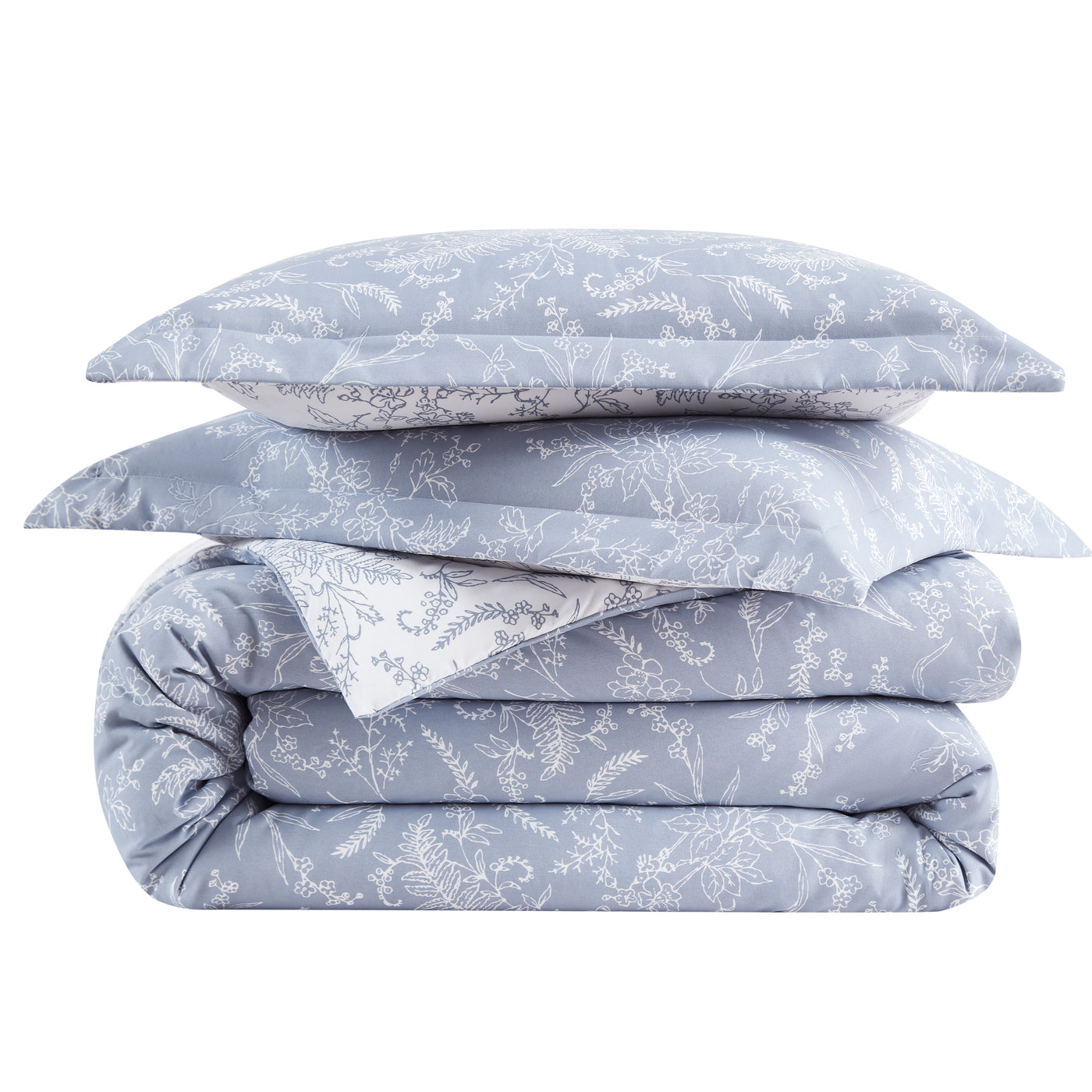 Stack Image of Wild Winter Reversible Comforter Set in Blue#color_wild-winter-blue-with-white-flowers
