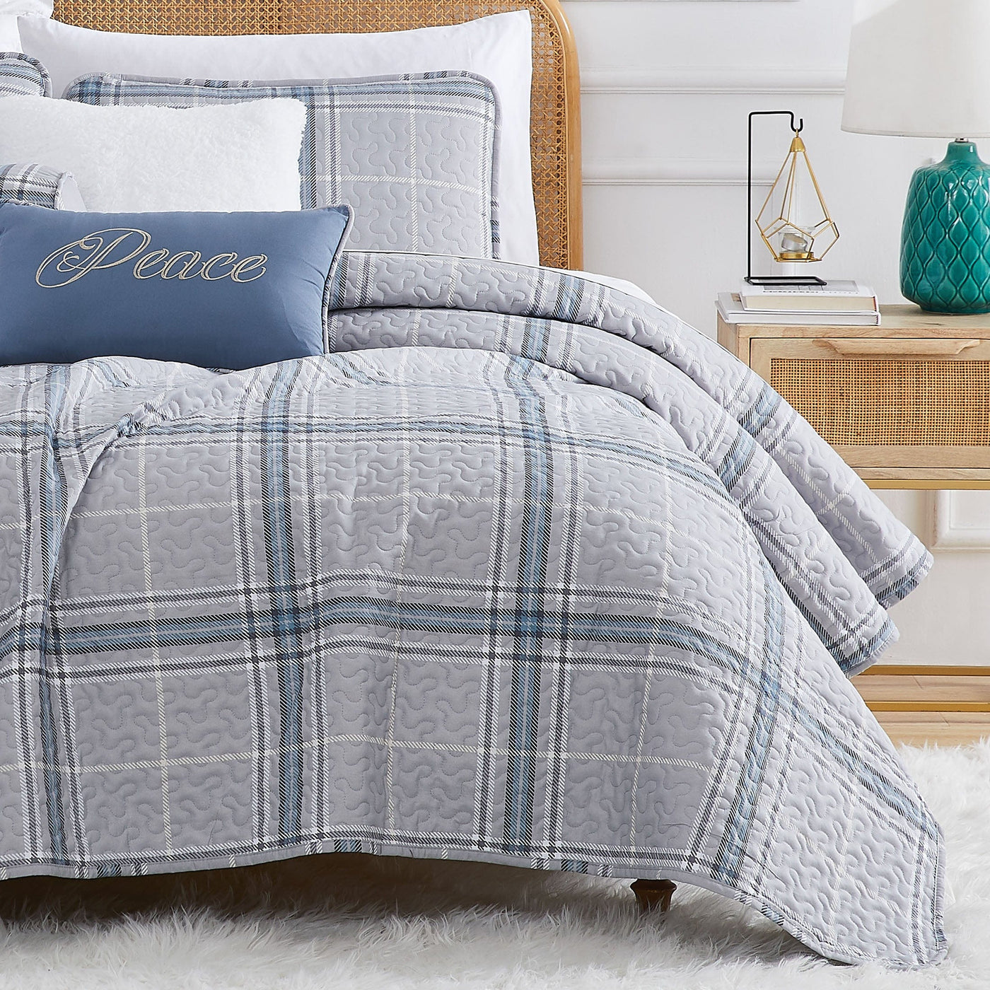 Half Front View of Vilano Plaid 6-Piece Quilt Bedding Set in Grey#color_plaid-grey