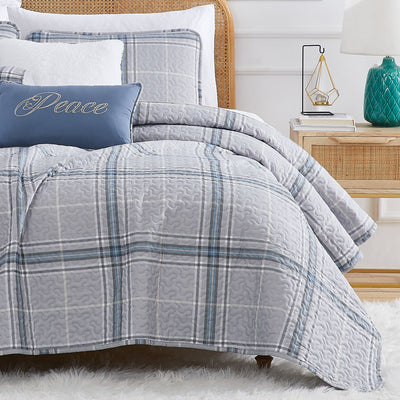 Half Front View of Vilano Plaid 6-Piece Quilt Bedding Set in Grey#color_plaid-grey
