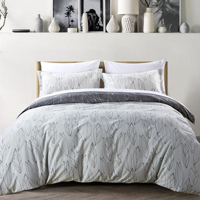 Front View of Contemporary Leaves Reversible Comforter Set in Grey#color_contemporary-leaves-grey