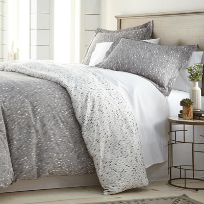 Angled View of Fall for Me Reversible Duvet Cover Set in Grey#color_fall-for-me-grey