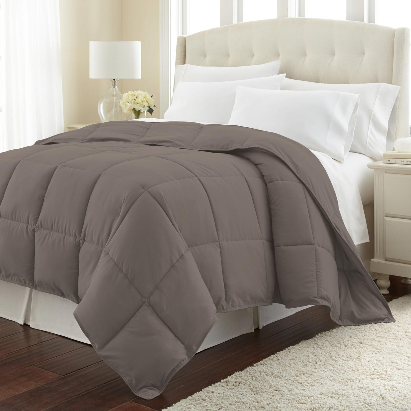 Angled View of Down Alternative Comforter in dark-taupe#color_dark-taupe