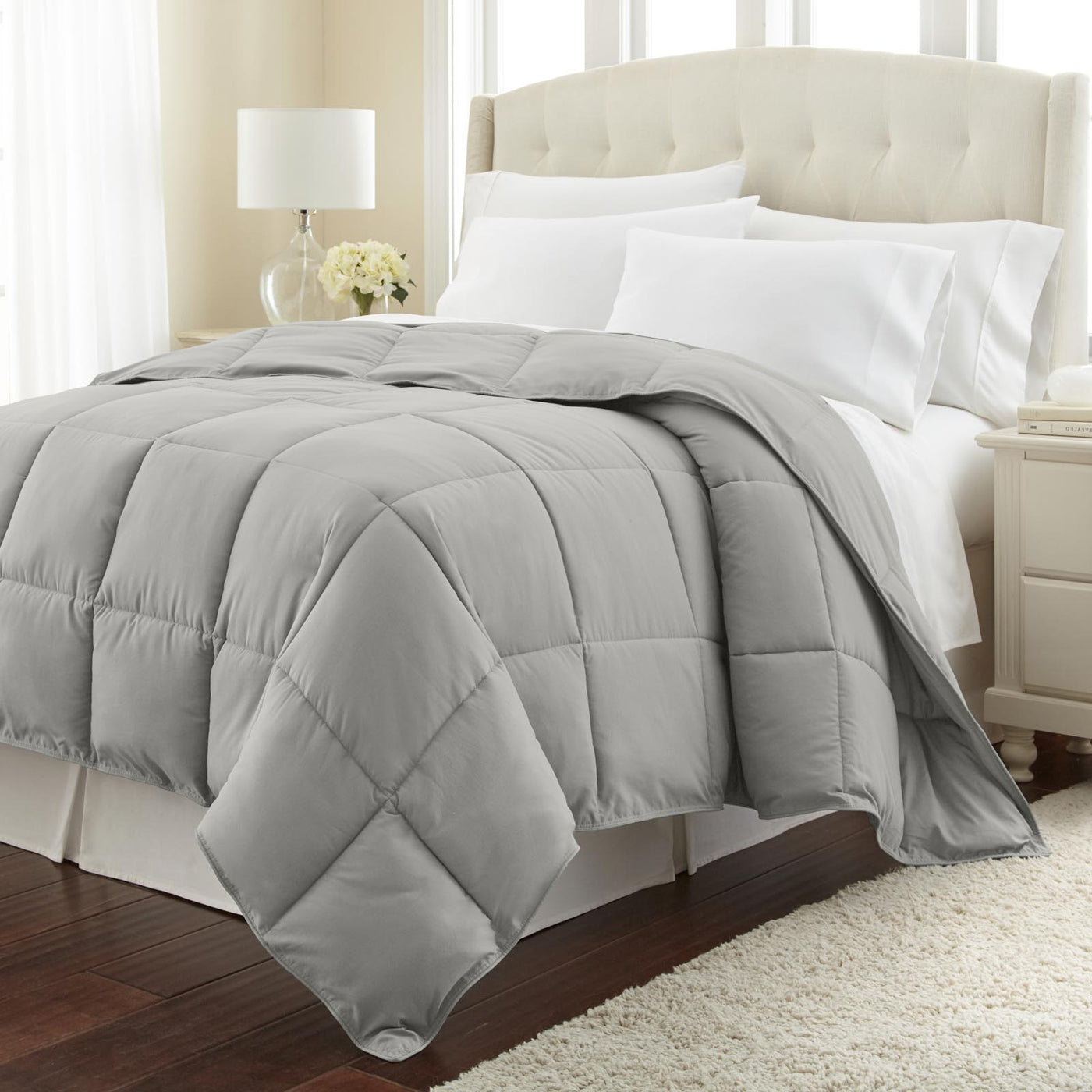 Angled View of Down Alternative Comforter in steel-grey#color_steel-grey