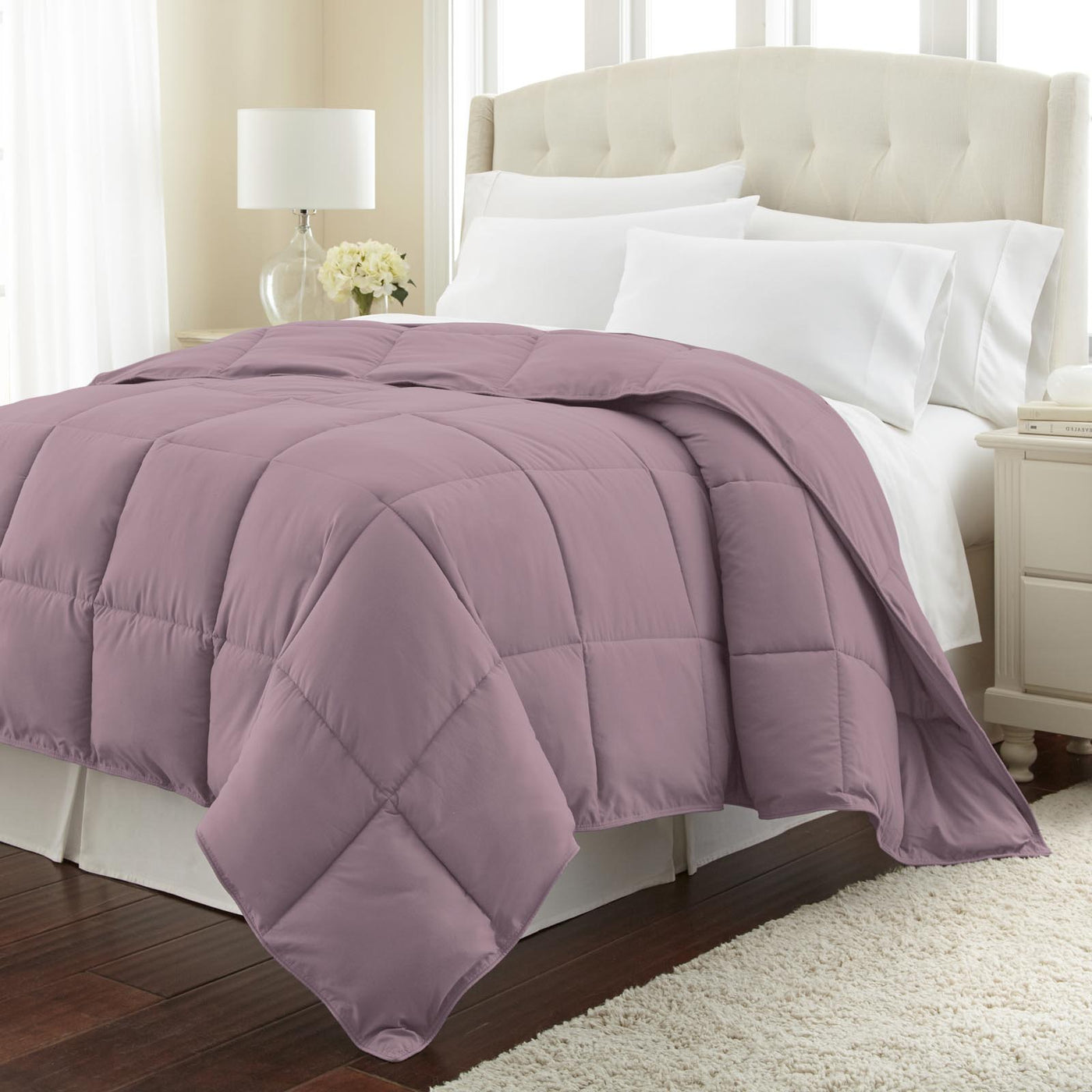 Angled View of Down Alternative Comforter in lavender#color_lavender