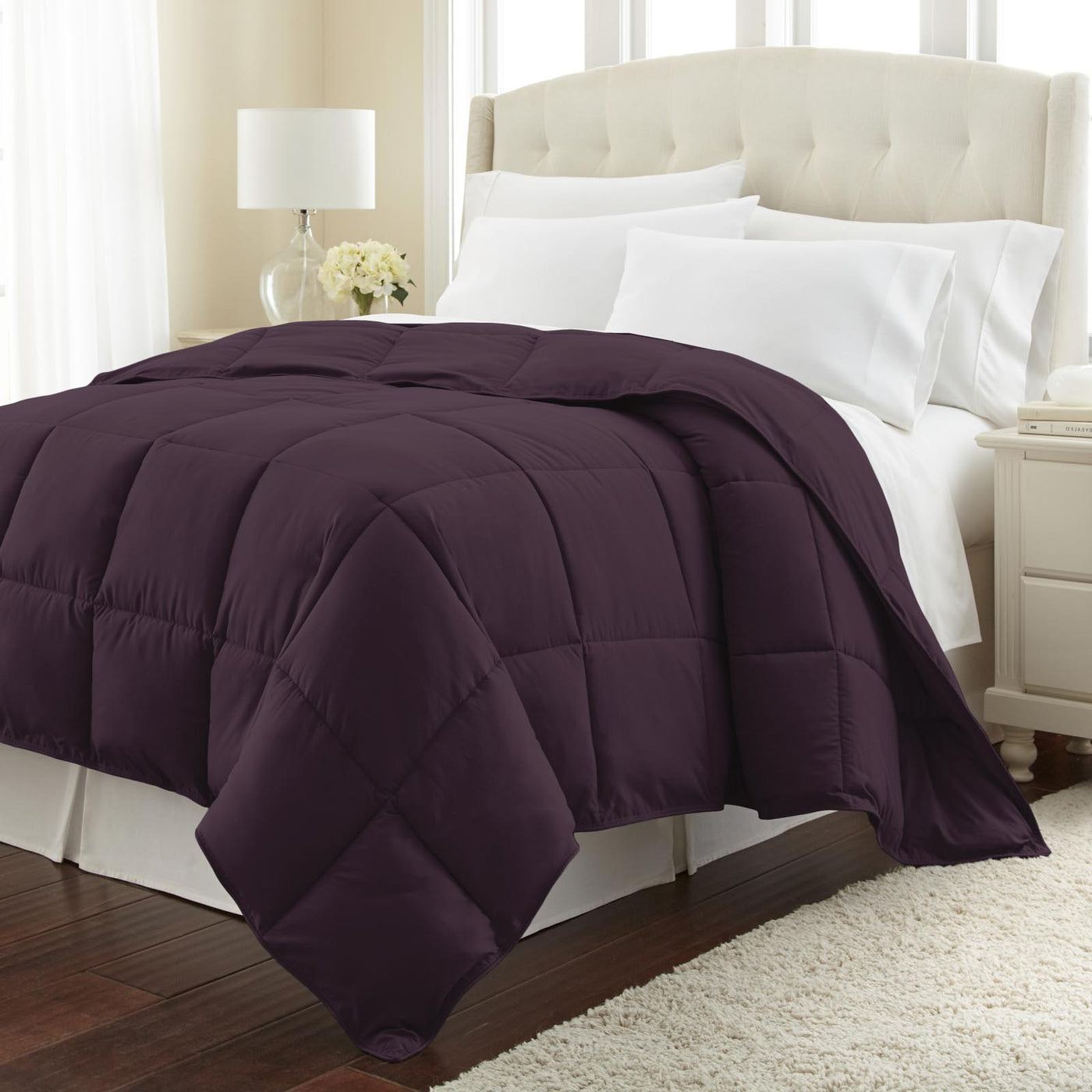 Angled View of Down Alternative Comforter in purple#color_purple