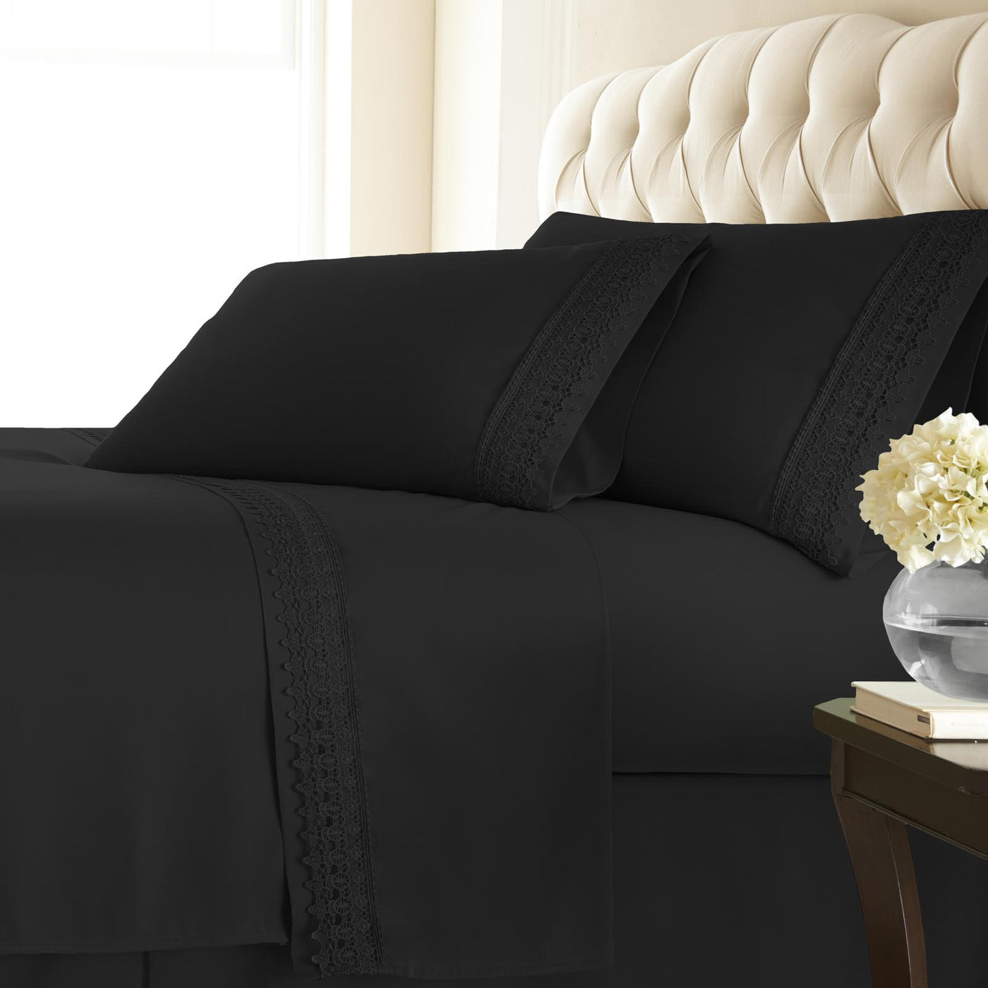 110 GSM Lace hem sheet set in black