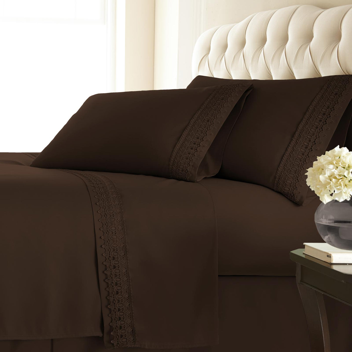 110 GSM Lace hem sheet set in brown