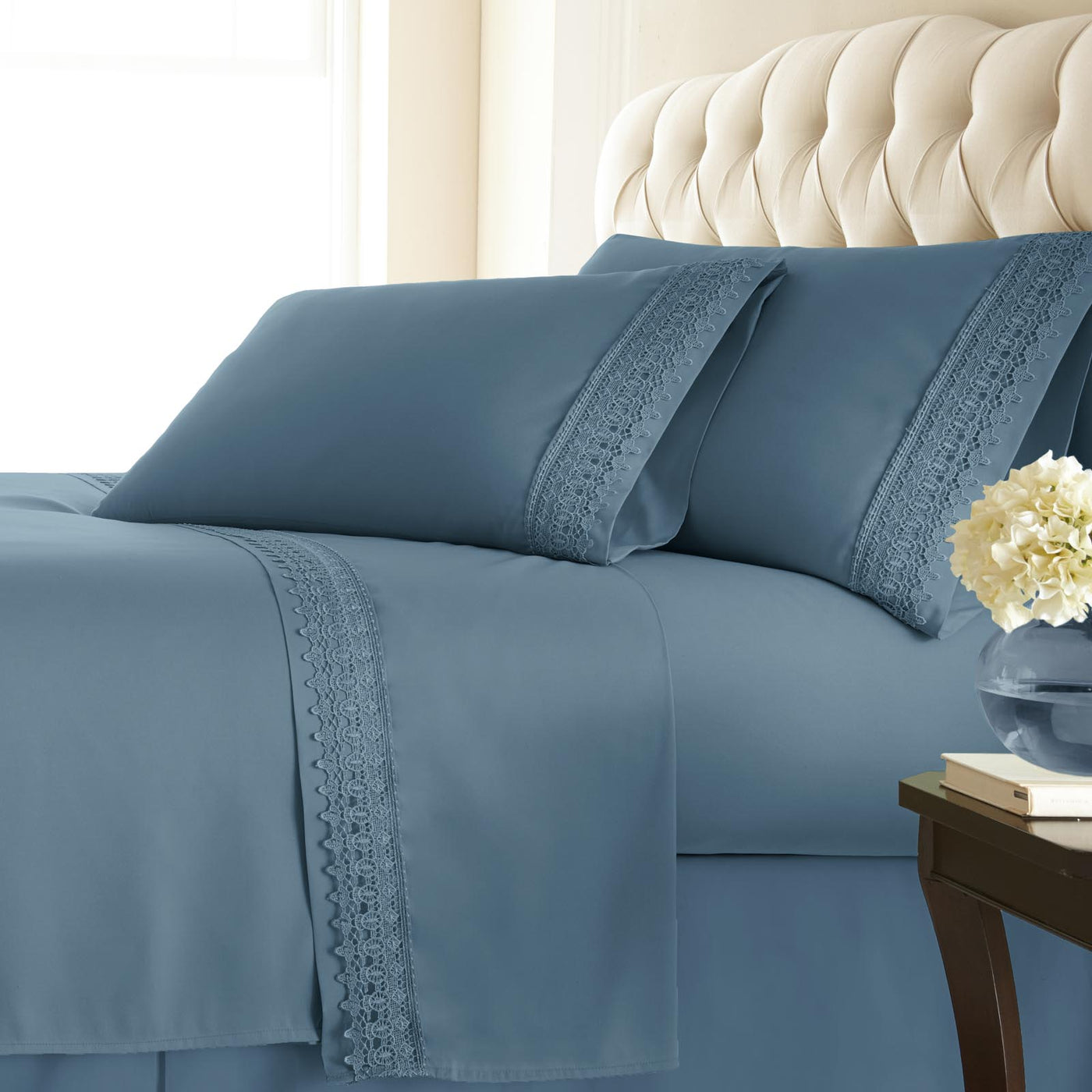 110 GSM Lace hem sheet set in coronet blue