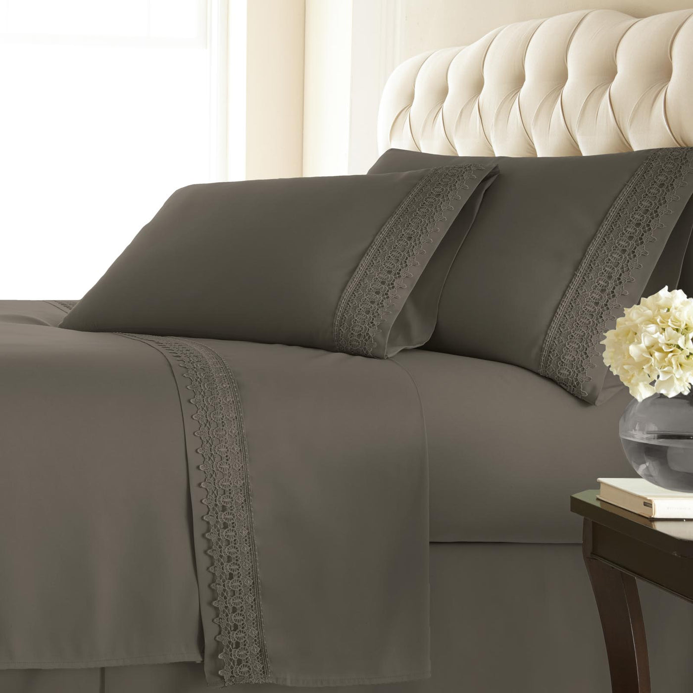 110 GSM Lace hem sheet set in dark taupe