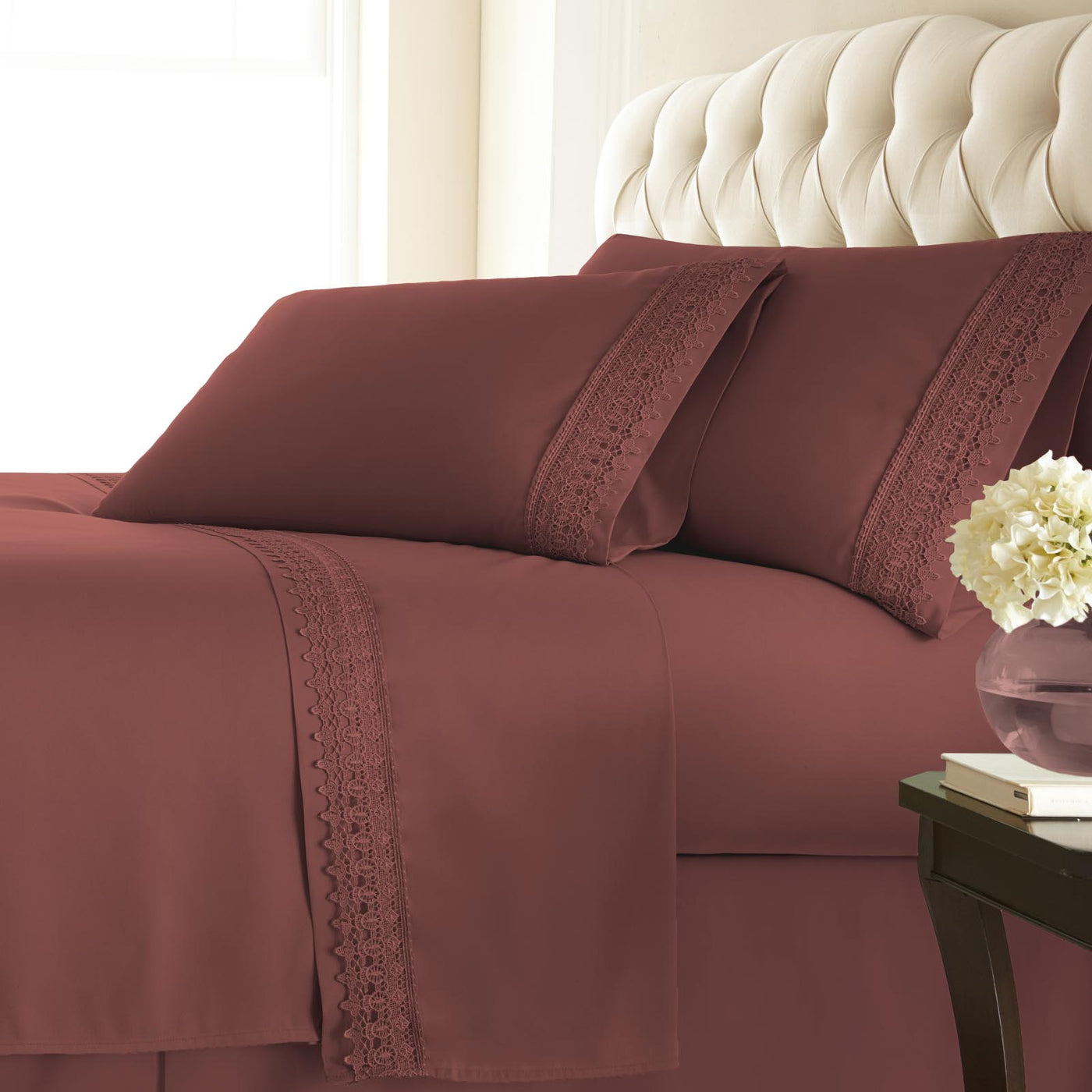 110 GSM Lace hem sheet set in marsala