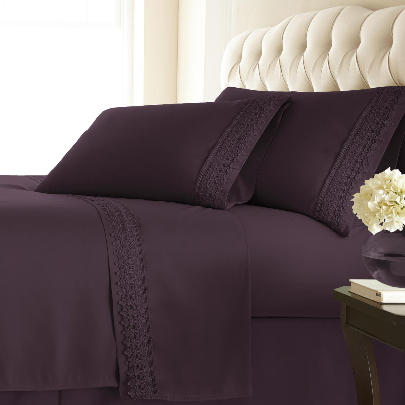 110 GSM Lace hem sheet set in purple
