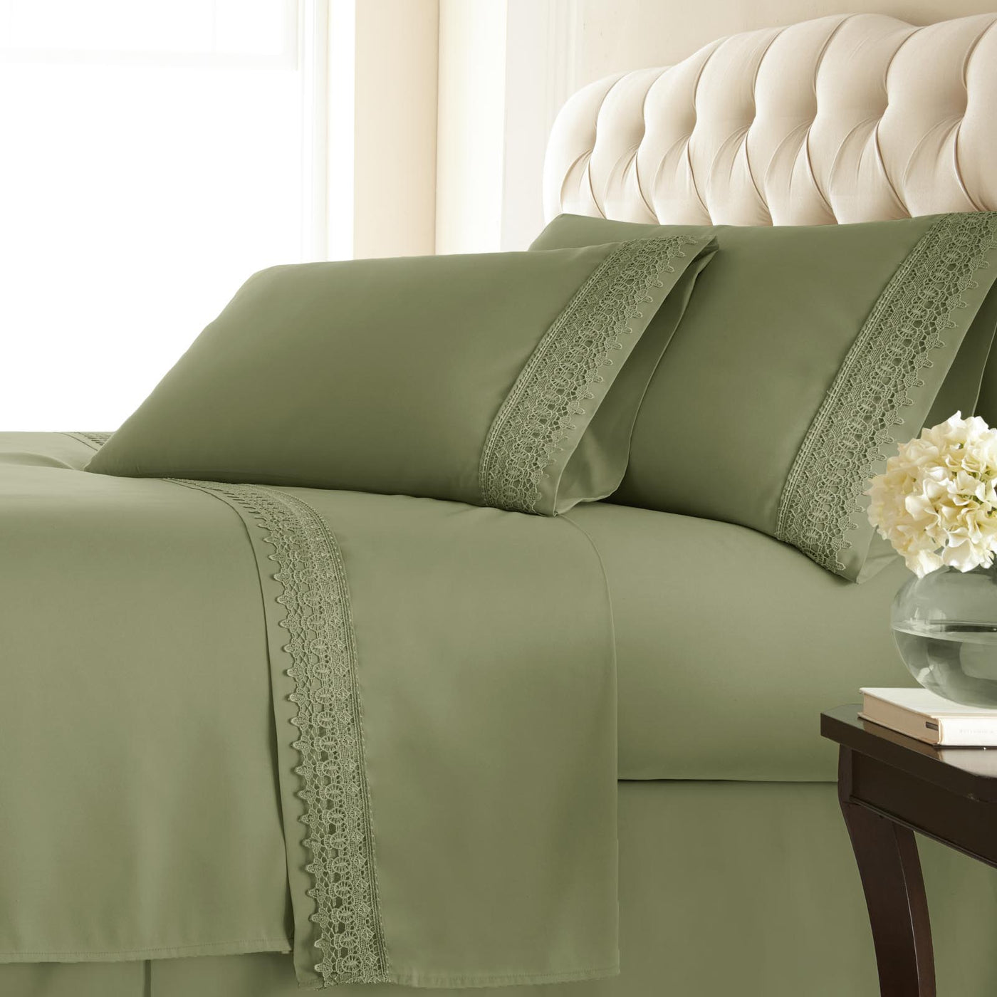 110 GSM Lace hem sheet set in sage green