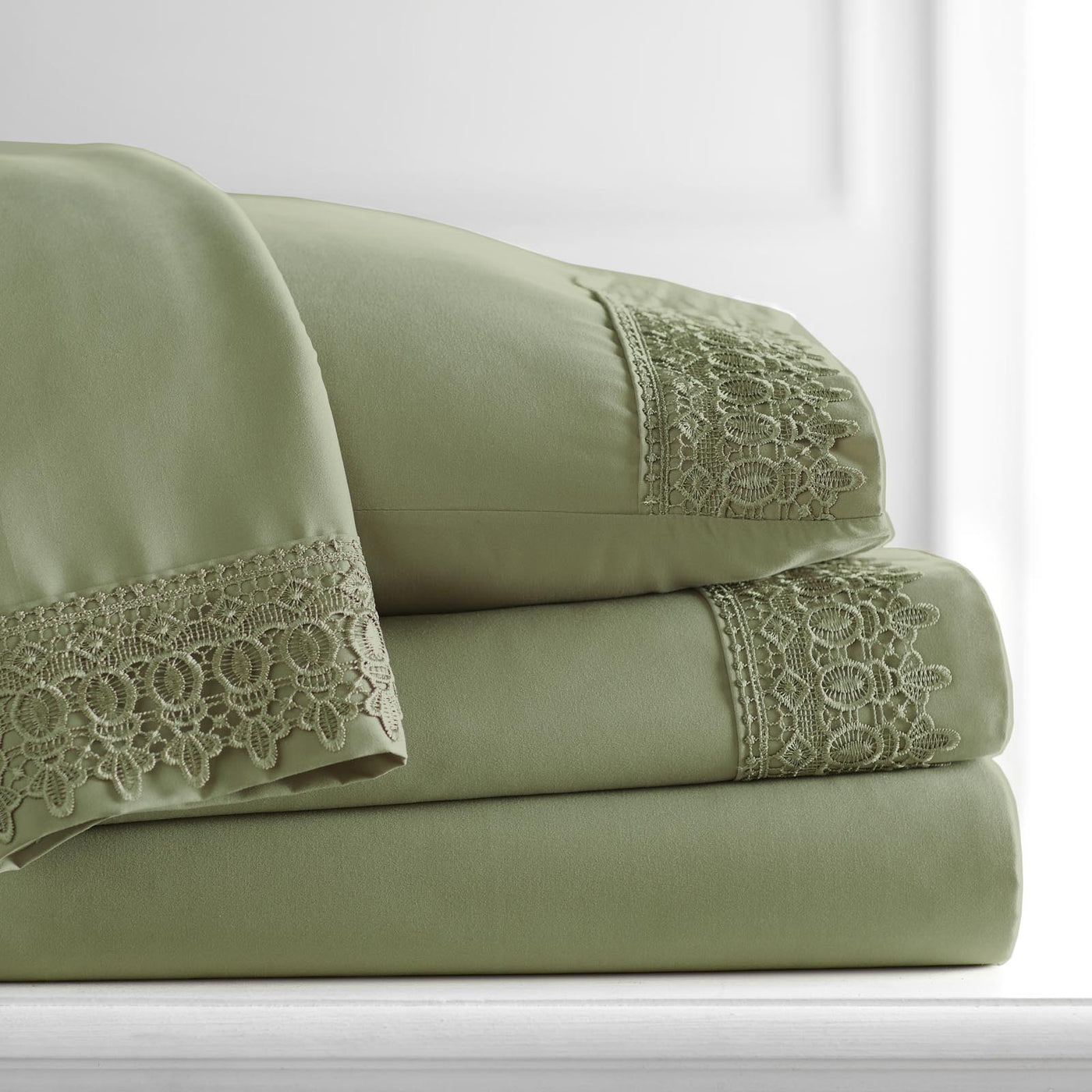 110 GSM Lace hem sheet set in sage green