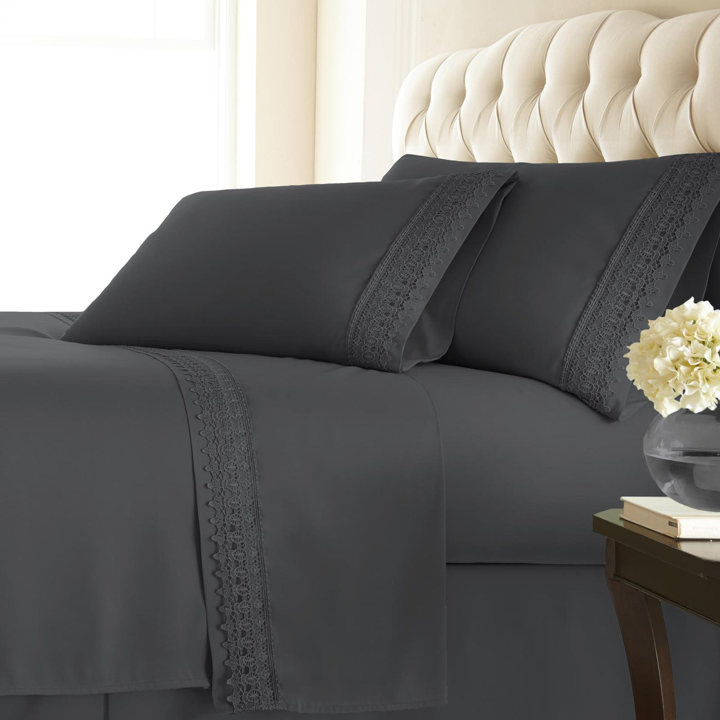 110 GSM Lace hem sheet set in slate