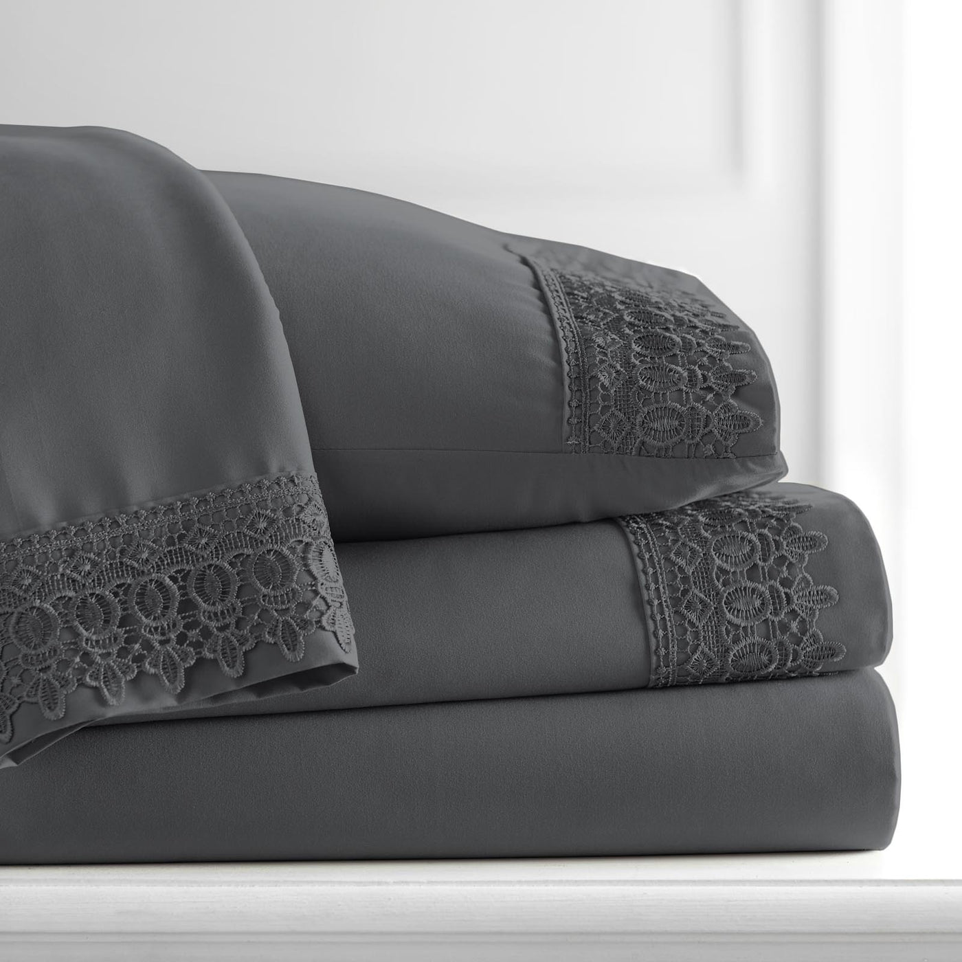 110 GSM Lace hem sheet set in slate