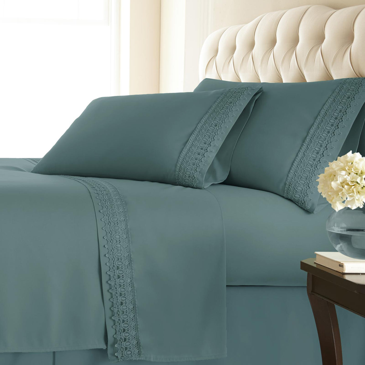 110 GSM Lace hem sheet set in steel blue