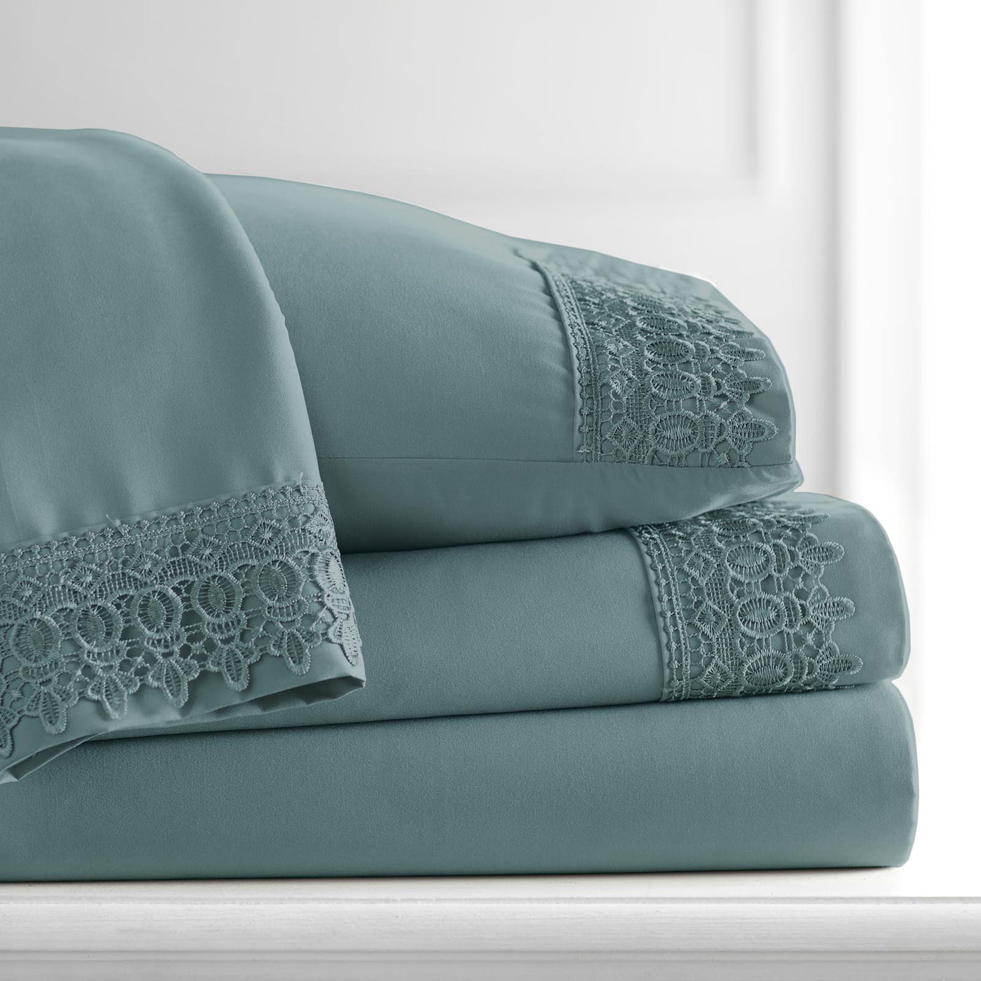 110 GSM Lace hem sheet set in steel blue