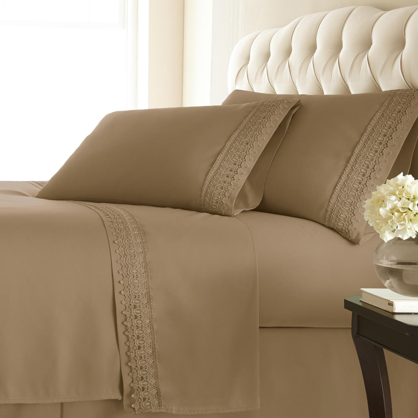 110 GSM Lace hem sheet set in taupe