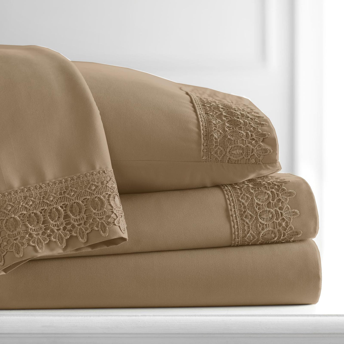 110 GSM Lace hem sheet set in taupe