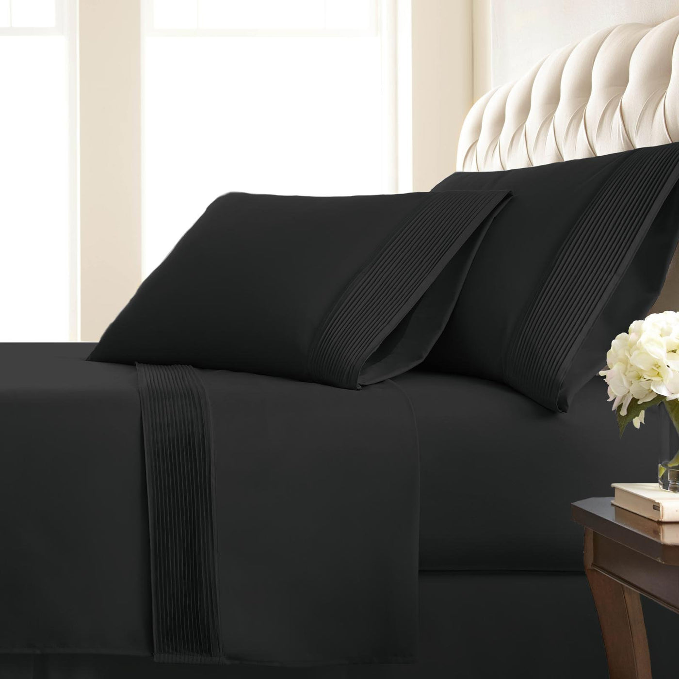 110 GSM Pleated Sheet Set in Black
