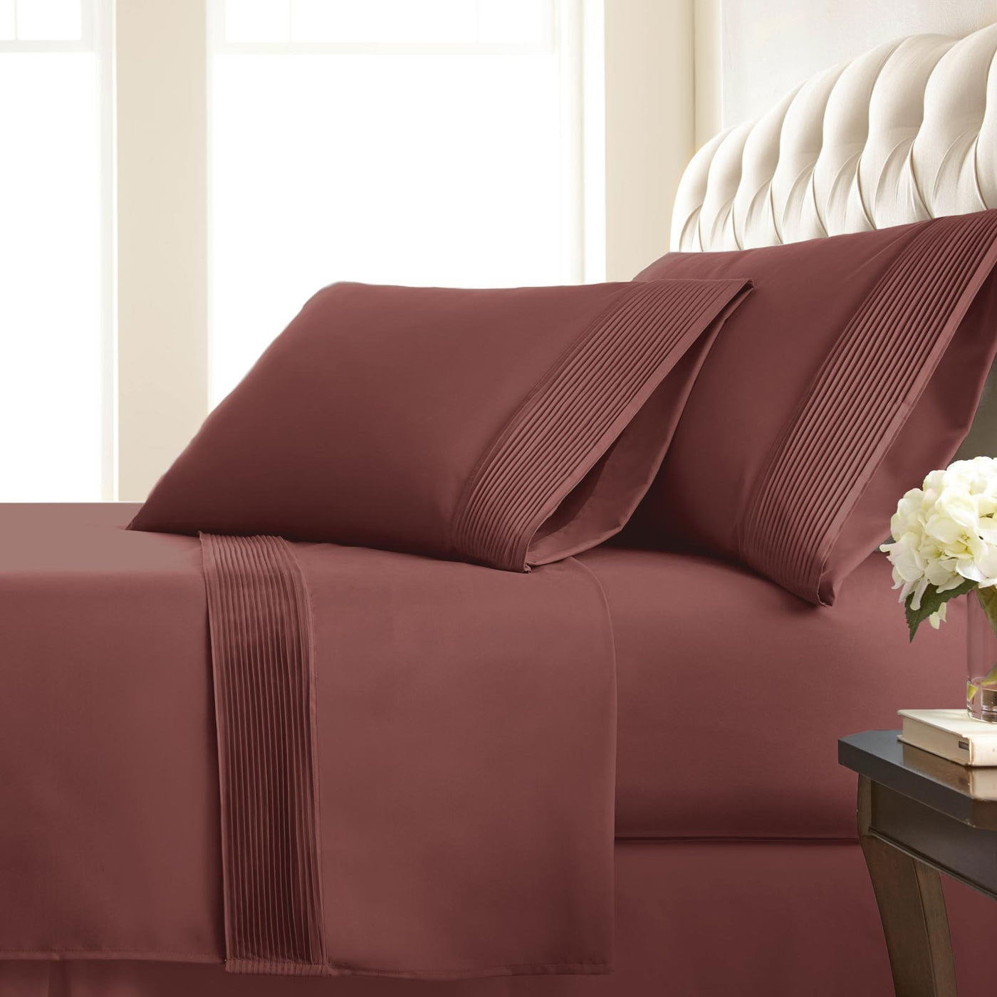 110 GSM Pleated Sheet Set in marsala