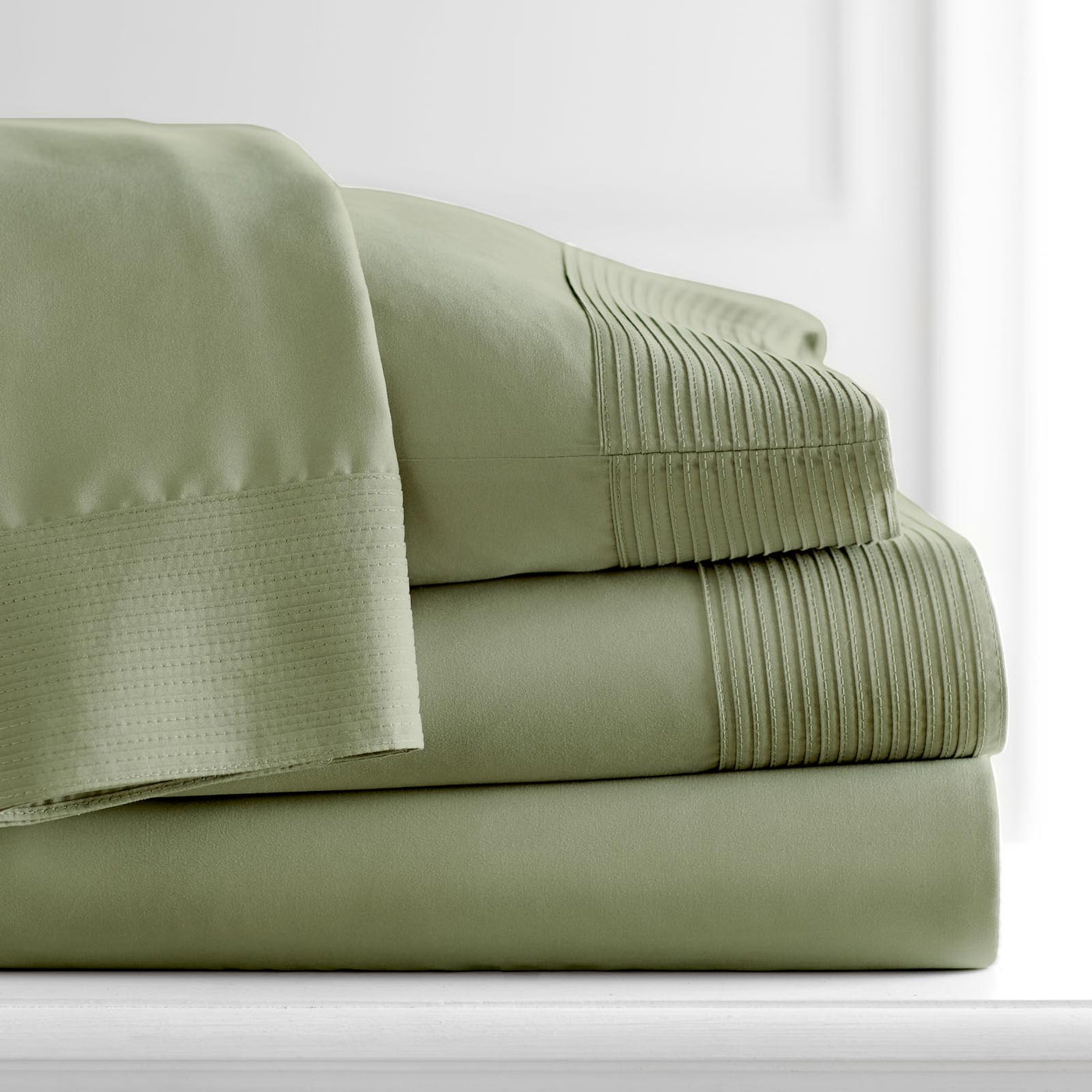 110 GSM Pleated Sheet Set in Sage Green