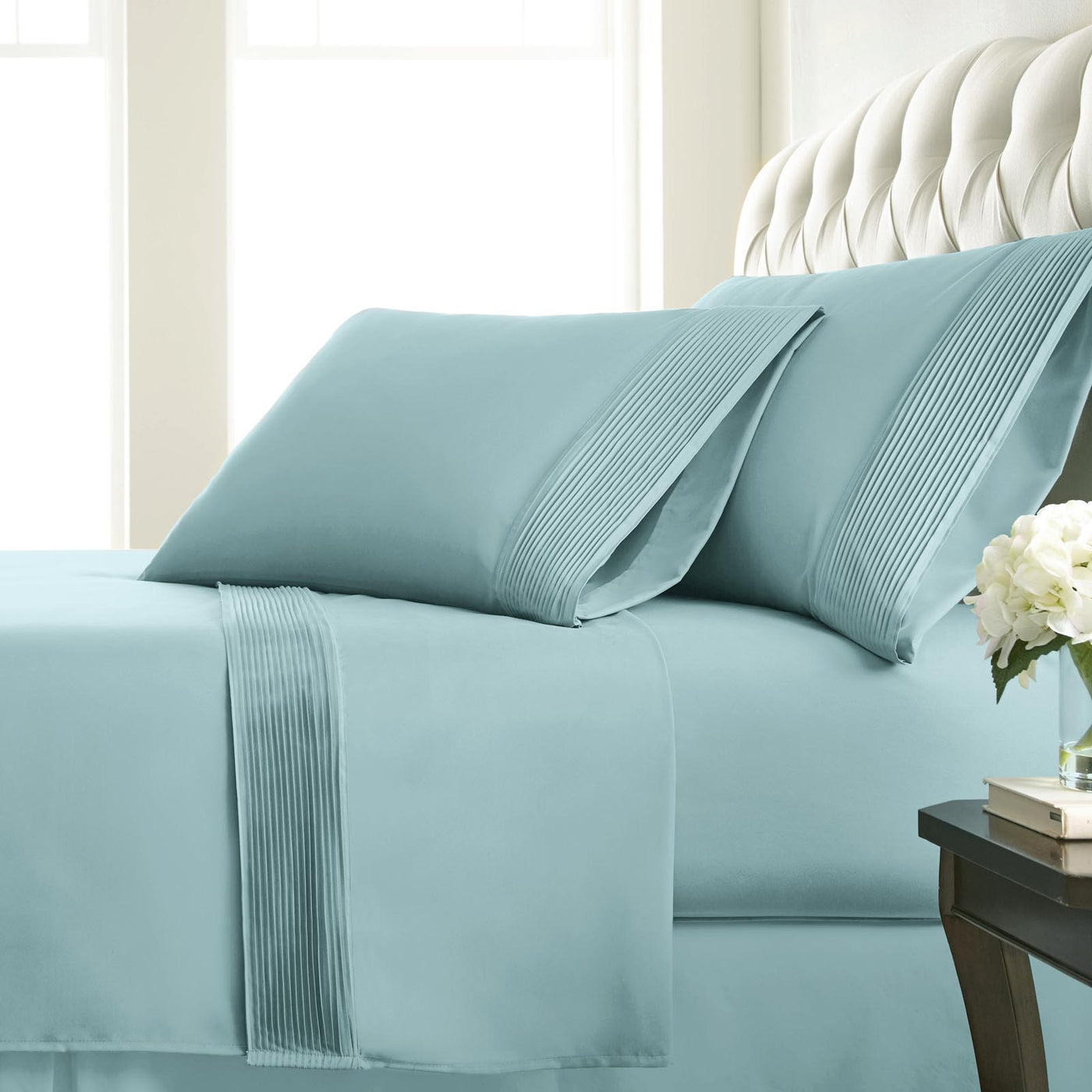 110 GSM Pleated Sheet Set in Sky Blue