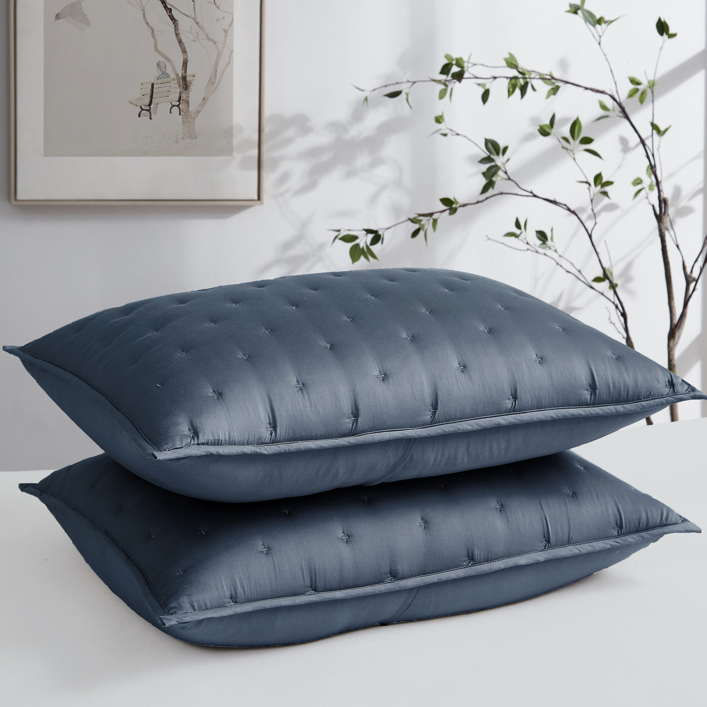 Bamboo Quilted Shams Steel Blue