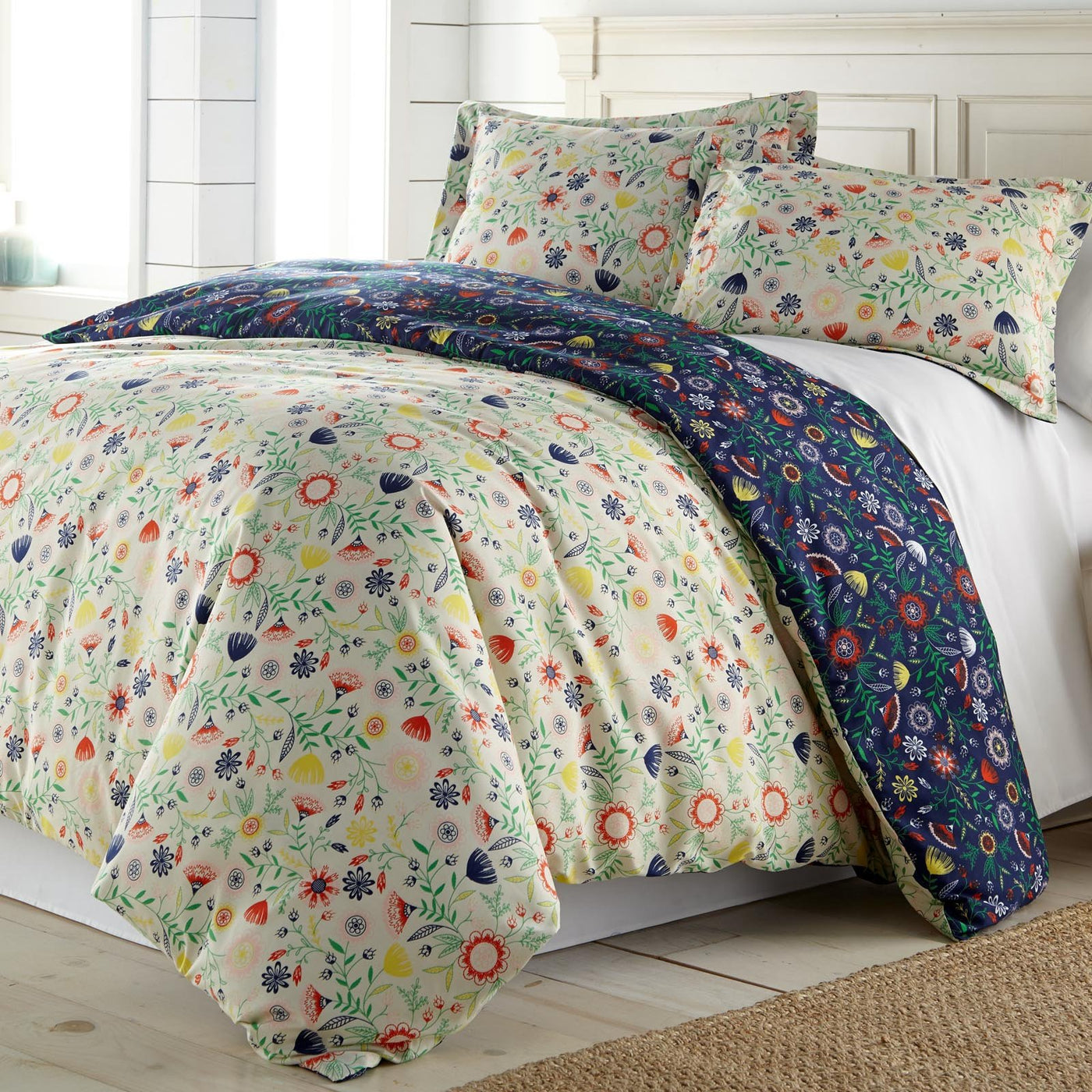 Bohemian Festival Comforter in Reversible Blue and Yellow Floral Print