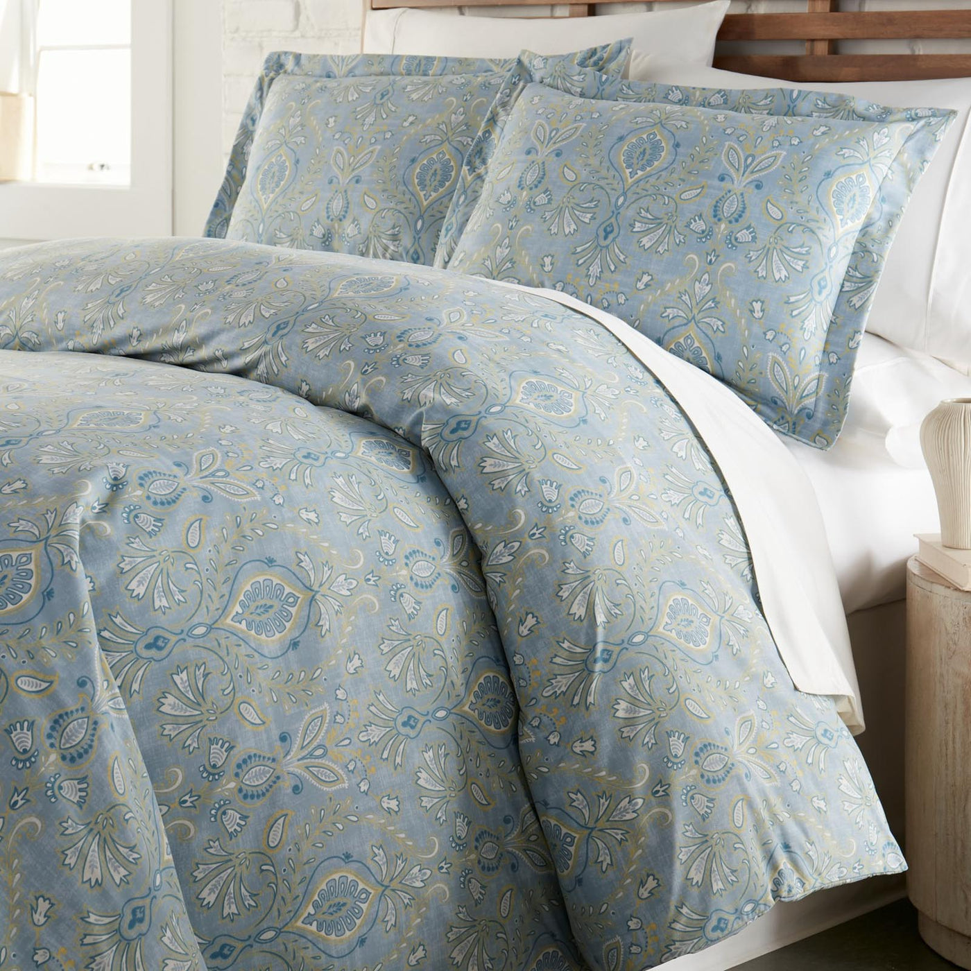 Angled View of Country Summer Comforter Set in Blue#color_country-summer-blue