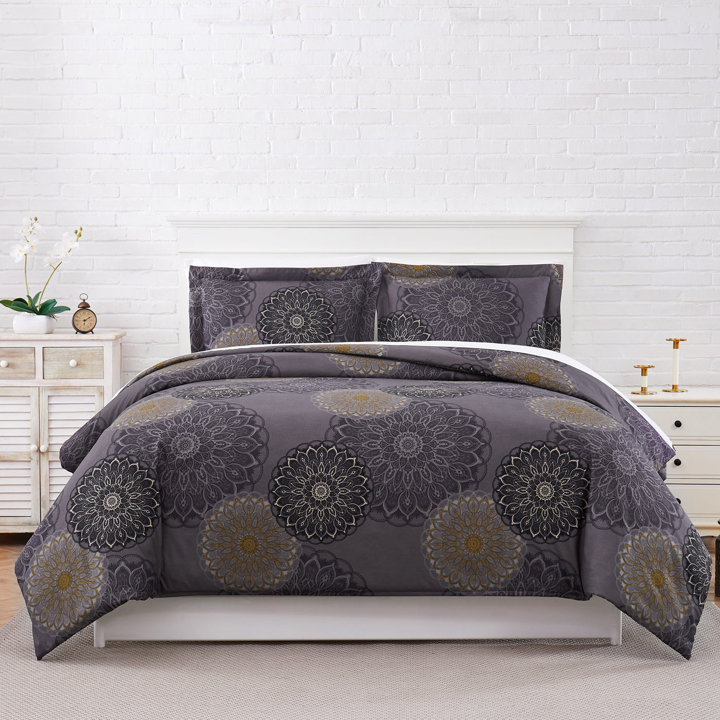 Front View of Dahlia Comforter Set in Black#color_dahlia-black