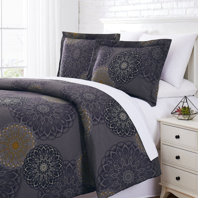 Angled View of Dahlia Comforter Set in Black#color_dahlia-black