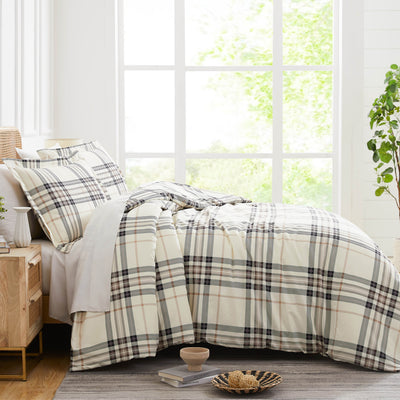 Side View of  Purely Plaid Duvet Cover in tofu#color_plaid-tofu