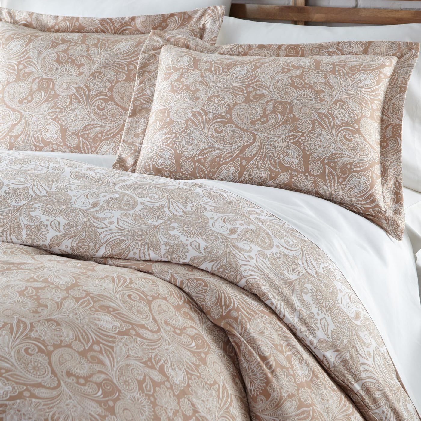 Detailed Shams Image of Sacred Journey Reversible Duvet Cover Set in Taupe#color_sacred-journey-taupe