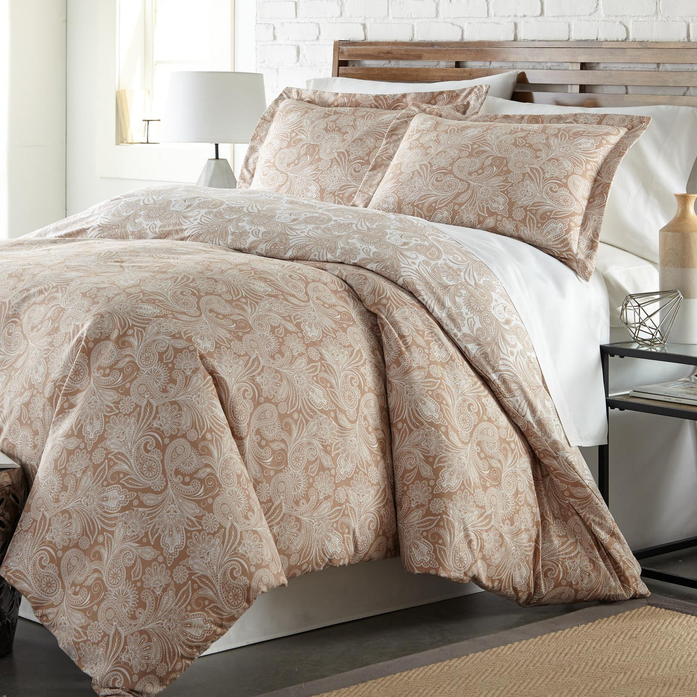 Angled View of Sacred Journey Reversible Duvet Cover Set in Taupe#color_sacred-journey-taupe