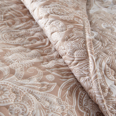 Details and Print Pattern of Sacred Journey Quilt Set in Taupe#color_sacred-journey-taupe