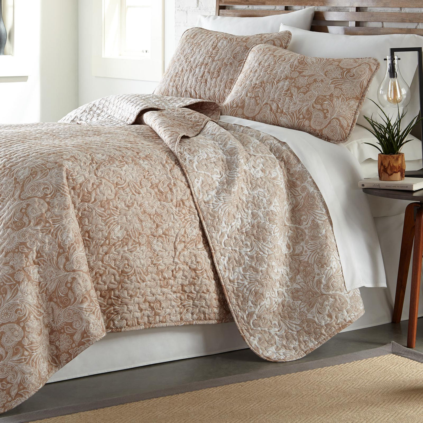 Angled View of Sacred Journey Quilt Set in Taupe#color_sacred-journey-taupe