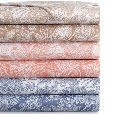 Sacred Journey Sheet Set Stack in White with Taupe, Taupe, White with Coral, Coral, White with Blue, and Blue